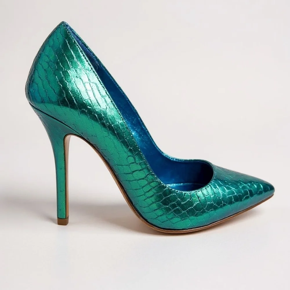 Dune London Iridescent Green Blue Snake Print Heels – Size 38 (US 7.5)